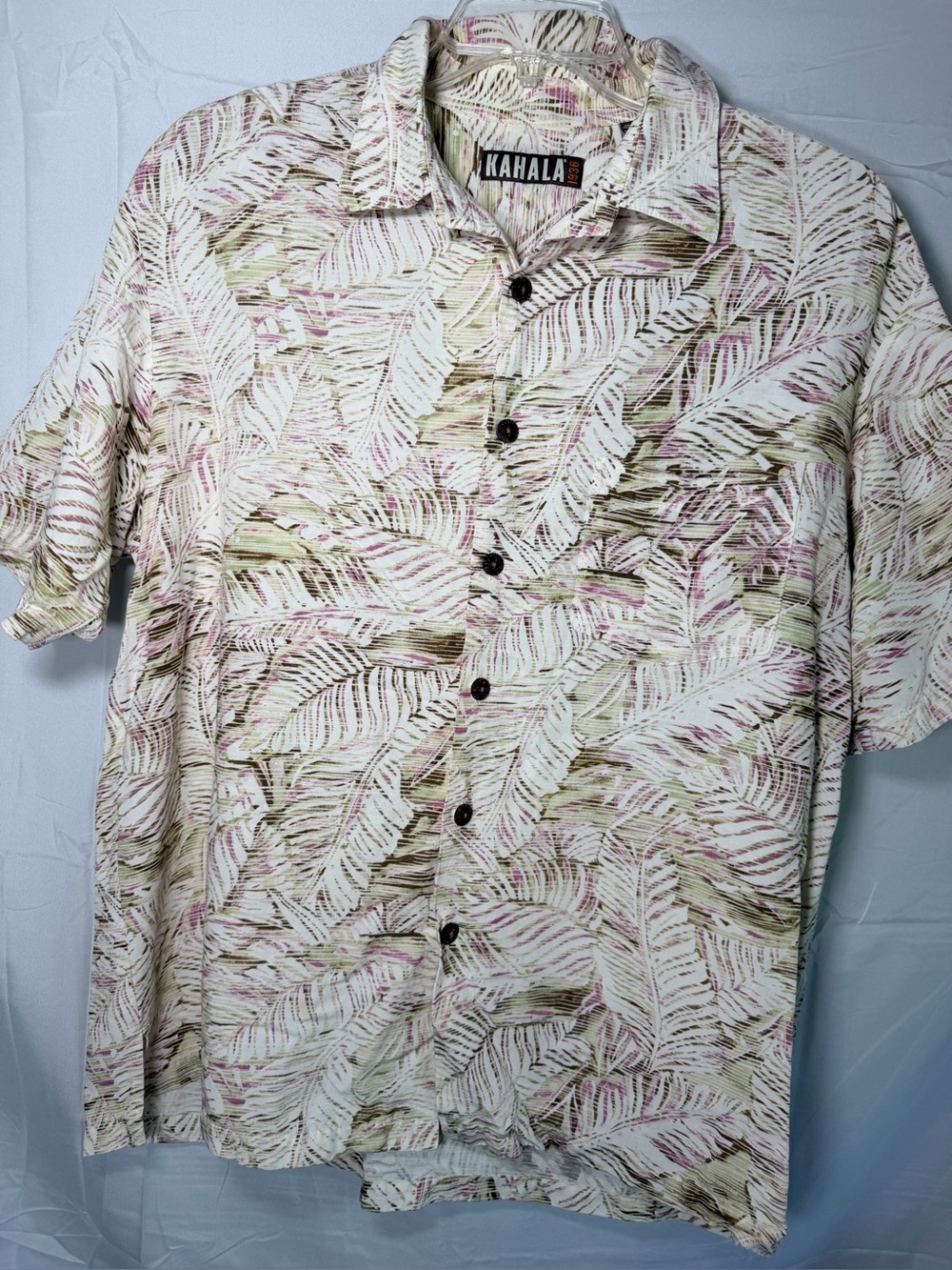 Kahala Men's Short-Sleeve Tropical Leaf Shirt - Ivory with Pink & Olive